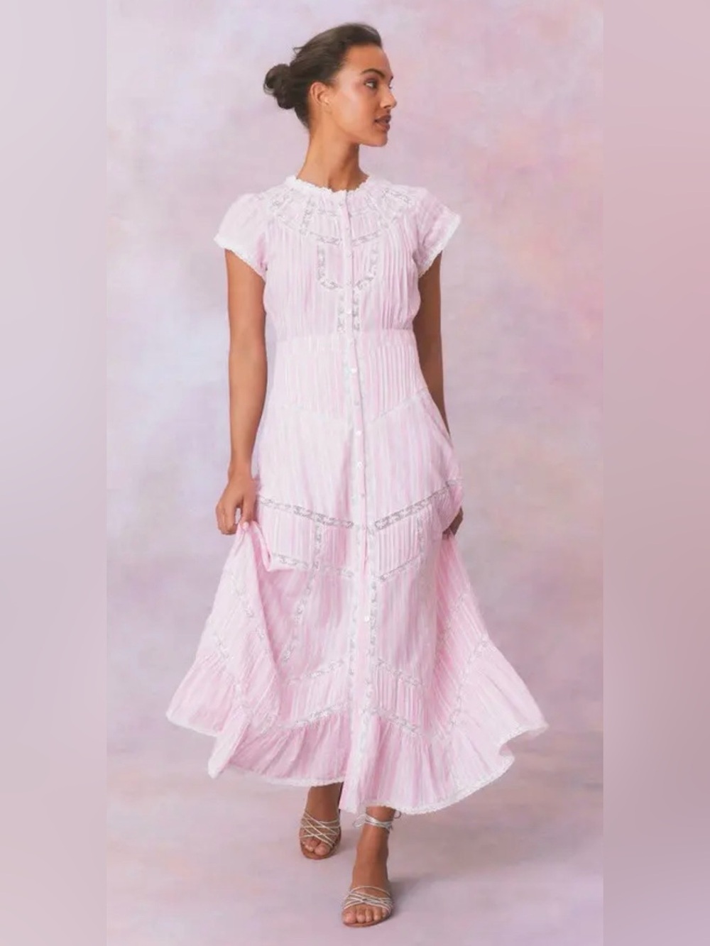 Love Shack Fancy Remi Pink Strip with Lace Maxi NWT Sz2